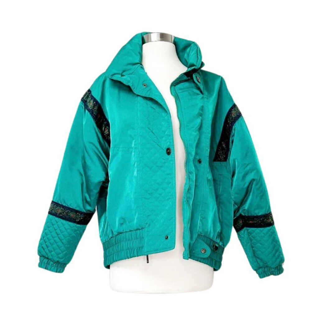Vintage 80’s Fera Ski Wear Bright Teal Green Blue Ribbon Trim Winter Puffer Coat - Picture 5 of 6